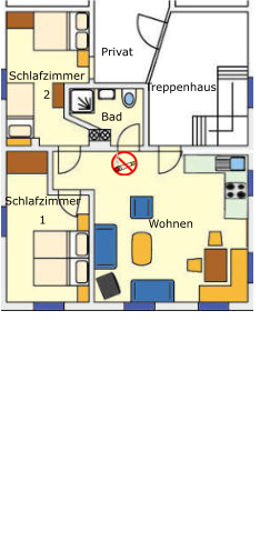 Ferienwohnung im ersten Obergeschoss  Belegung:       max. 6 Personen Wohnfläche:   54,5 qm Raumhöhe:     200 cm  - Wohnraum mit Küchenzeile - zwei Schlafzimmer - Bad mit Dusche/WC  Optional: - Kinderbett                 - Kinderstuhl  Bad Schlafzimmer 1  Schlafzimmer 2  Wohnen Privat Treppenhaus