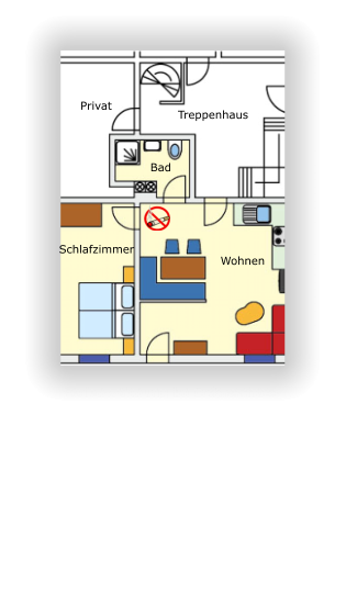 Ferienwohnung im Erdgeschoss  Belegung:       max. 4 Personen Wohnfläche:   41,5 qm Raumhöhe:     212 cm  - Wohnraum mit Küchenzeile - Schlafzimmer - Bad mit Dusche/WC  Optional: - Kinderbett                 - Kinderstuhl  Privat Treppenhaus Wohnen Schlafzimmer Bad