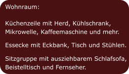 Wohnraum:  Küchenzeile mit Herd, Kühlschrank,  Mikrowelle, Kaffeemaschine und mehr.  Essecke mit Eckbank, Tisch und Stühlen.  Sitzgruppe mit ausziehbarem Schlafsofa, Beistelltisch und Fernseher.