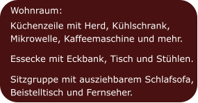 Wohnraum: Küchenzeile mit Herd, Kühlschrank,  Mikrowelle, Kaffeemaschine und mehr.  Essecke mit Eckbank, Tisch und Stühlen.  Sitzgruppe mit ausziehbarem Schlafsofa, Beistelltisch und Fernseher.